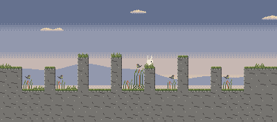 A small white long-eared creature standing on one of a ring of old standing stones in the Hollow at dawn, with small birds perched on the reeds between them.