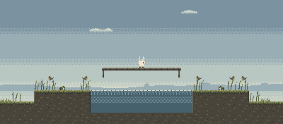 Reedfen: the creature on a wooden bridge over open water, with reeds and small birds on either bank.